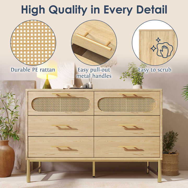 Faux rattan wood aspect sideboard cabinet, chest of drawers with 6 drawers 40Dx120Wx74Hcm KRUN UK