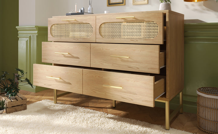 Faux rattan wood aspect sideboard cabinet, chest of drawers with 6 drawers 40Dx120Wx74Hcm KRUN UK