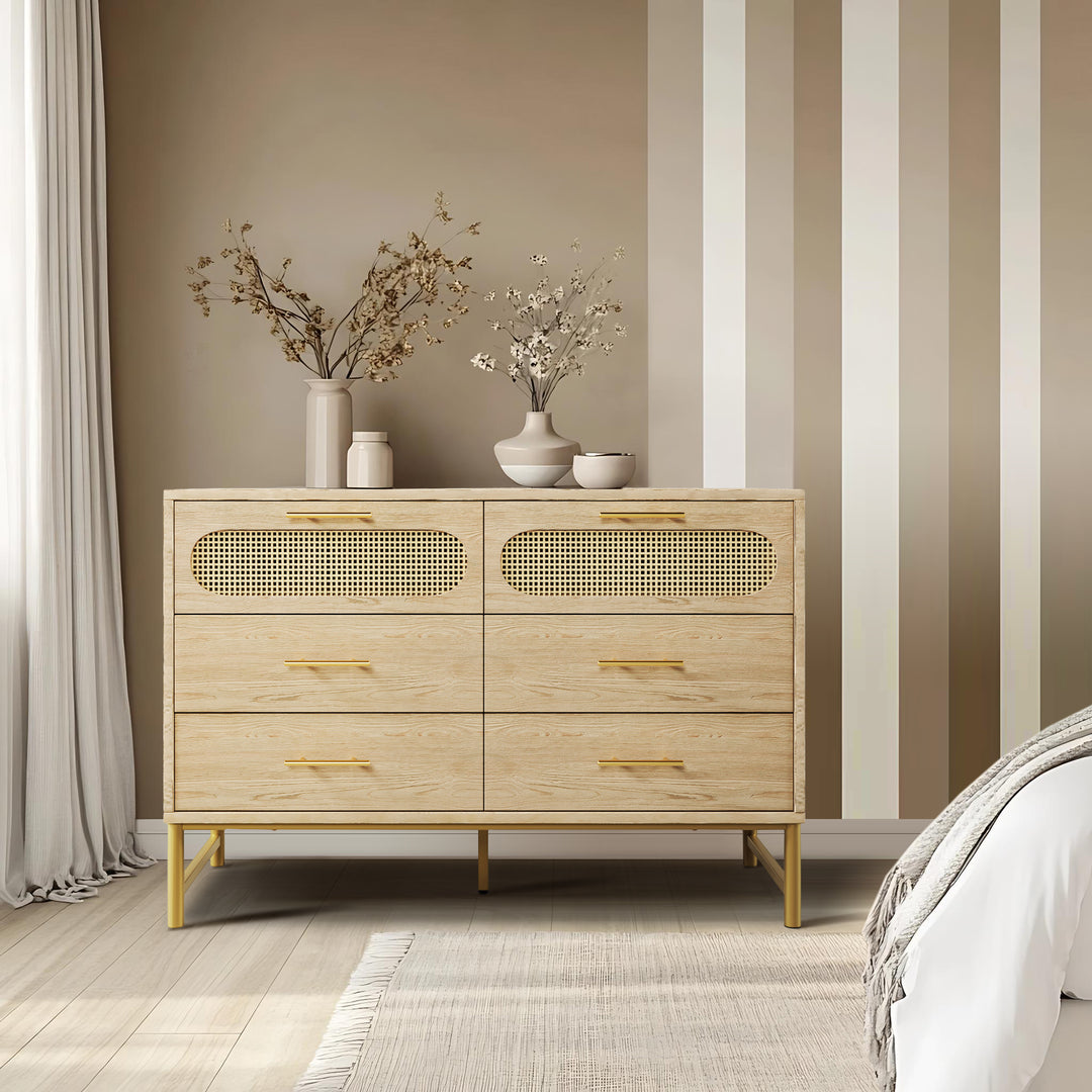 Faux rattan wood aspect sideboard cabinet, chest of drawers with 6 drawers 40Dx120Wx74Hcm KRUN UK