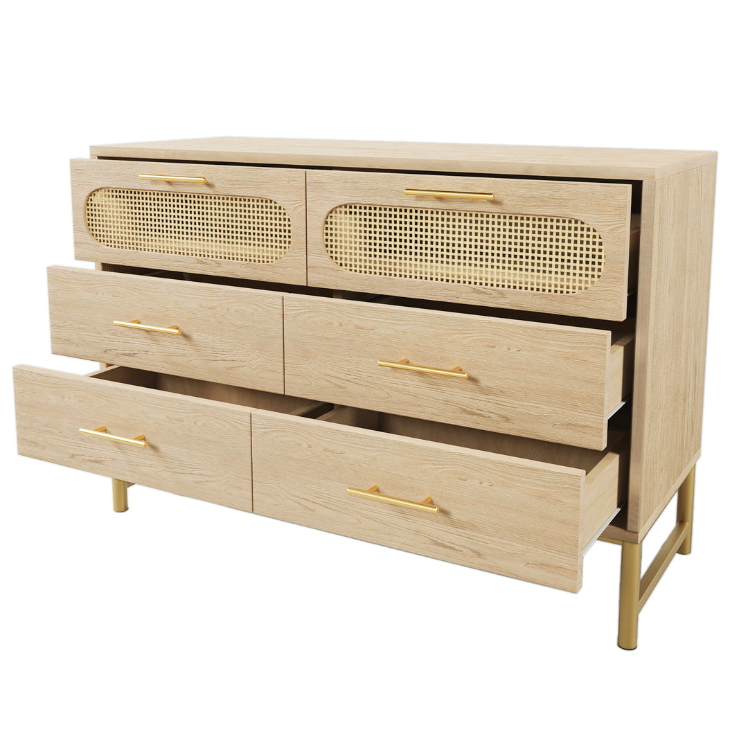 Faux rattan wood aspect sideboard cabinet, chest of drawers with 6 drawers 40Dx120Wx74Hcm KRUN UK