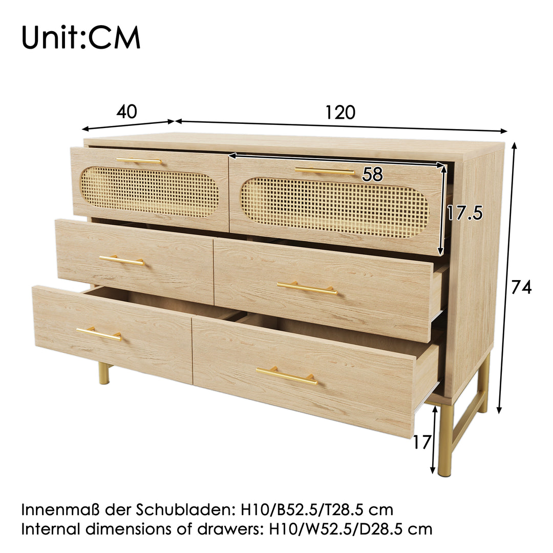 Faux rattan wood aspect sideboard cabinet, chest of drawers with 6 drawers 40Dx120Wx74Hcm KRUN UK