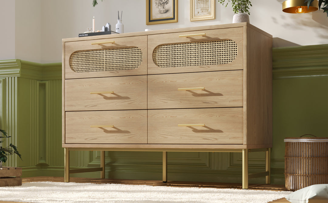 Faux rattan wood aspect sideboard cabinet, chest of drawers with 6 drawers 40Dx120Wx74Hcm KRUN UK