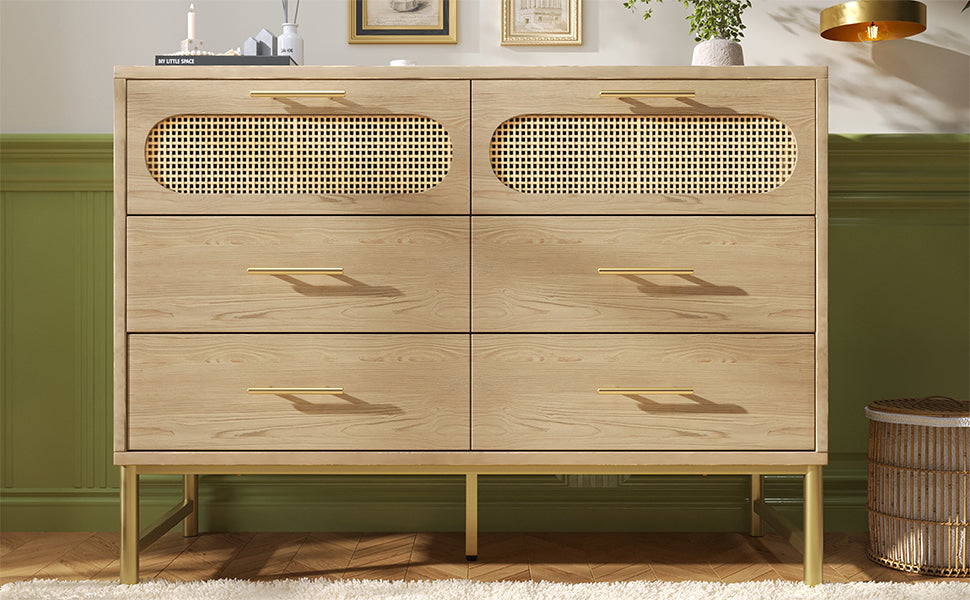 Faux rattan wood aspect sideboard cabinet, chest of drawers with 6 drawers 40Dx120Wx74Hcm KRUN UK