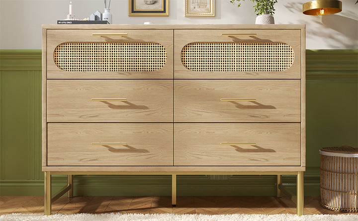 Faux rattan wood aspect sideboard cabinet, chest of drawers with 6 drawers 40Dx120Wx74Hcm KRUN UK