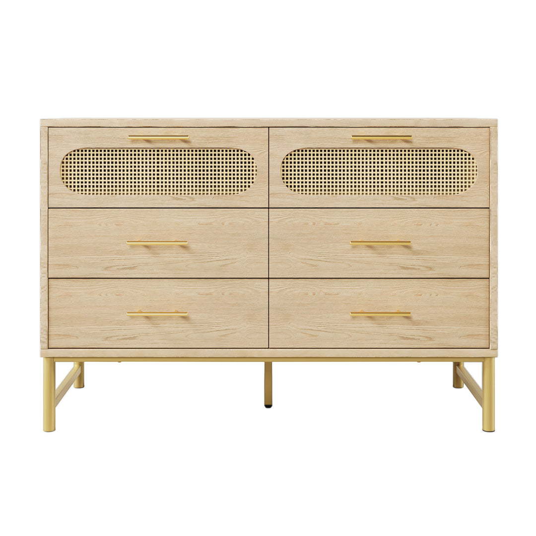 Faux rattan wood aspect sideboard cabinet, chest of drawers with 6 drawers 40Dx120Wx74Hcm KRUN UK
