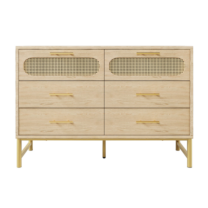 Faux rattan wood aspect sideboard cabinet, chest of drawers with 6 drawers 40Dx120Wx74Hcm KRUN UK