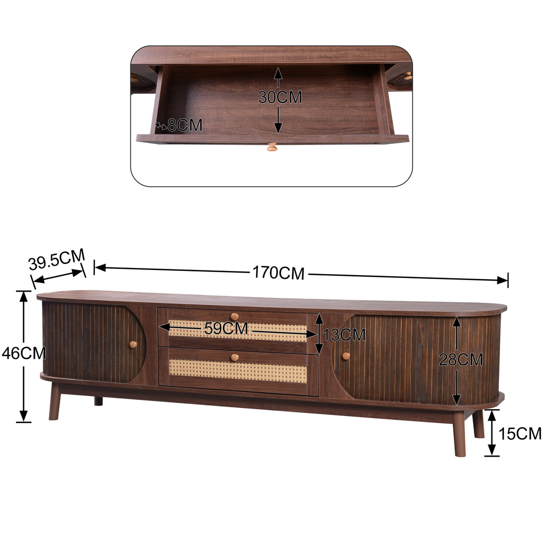 Vintage walnut rattan TV stand 2 drawers 2 slide doors KUQON UK