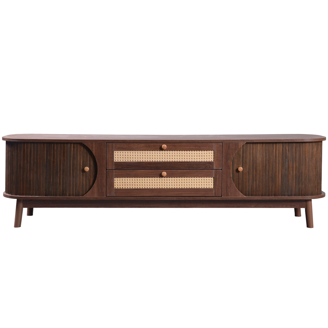 Vintage walnut rattan TV stand 2 drawers 2 slide doors KUQON UK