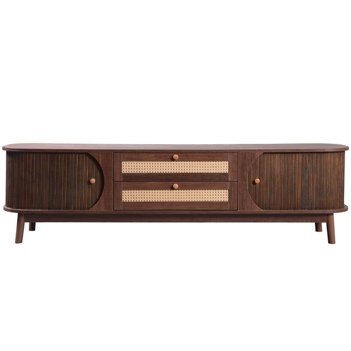 Vintage walnut rattan TV stand 2 drawers 2 slide doors KUQON UK