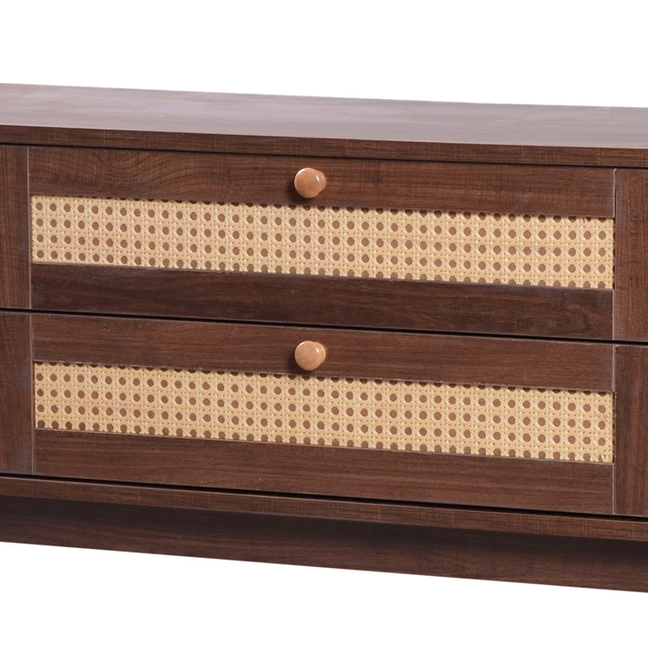 Vintage walnut rattan TV stand 2 drawers 2 slide doors KUQON UK