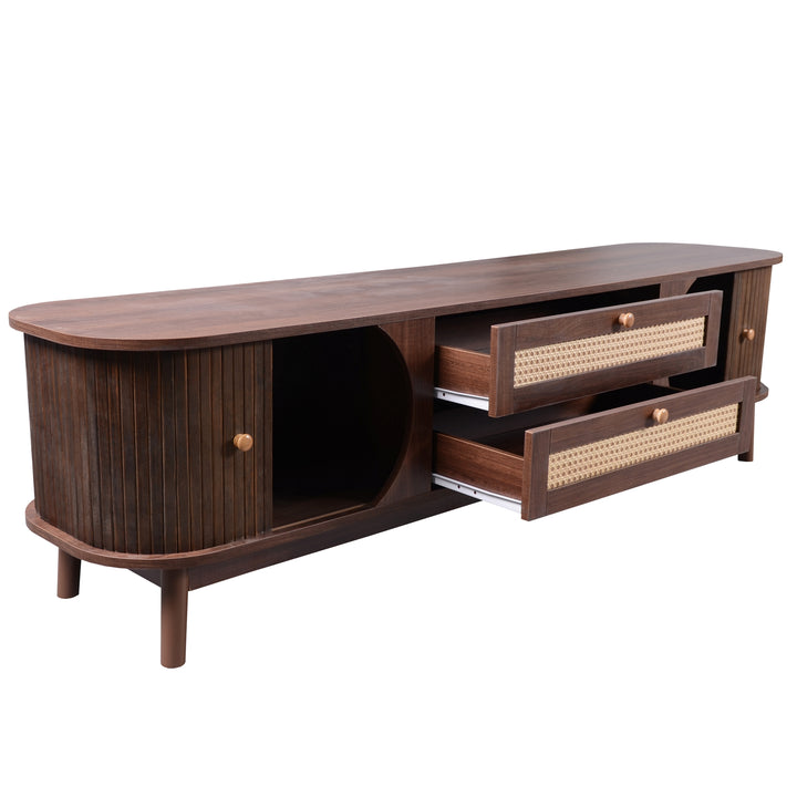 Vintage walnut rattan TV stand 2 drawers 2 slide doors KUQON UK
