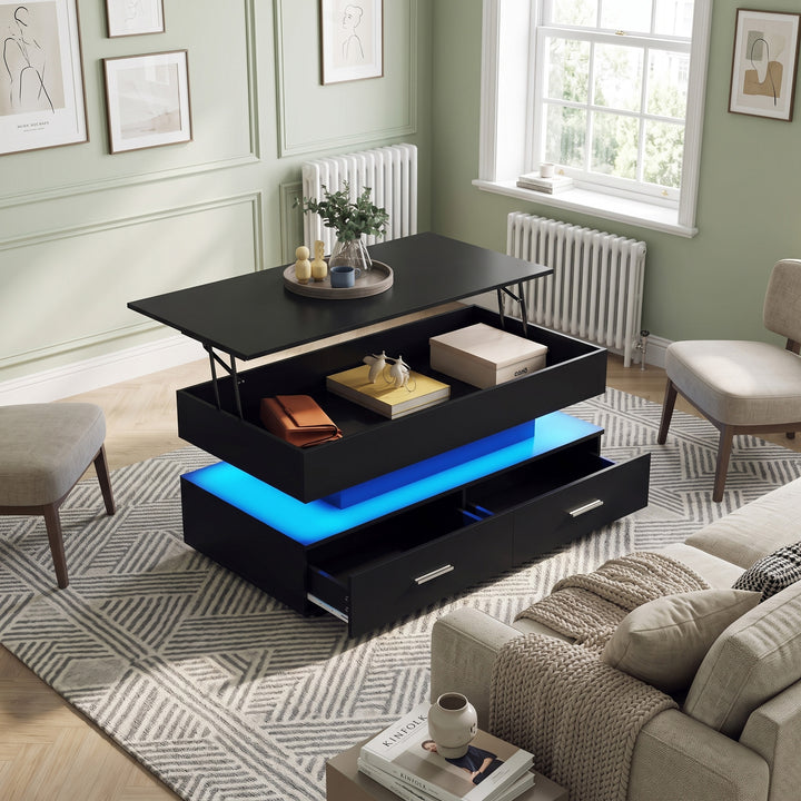 Black lift top coffee table with LED lights 2 drawers 100x50cm LINEN FLOOR