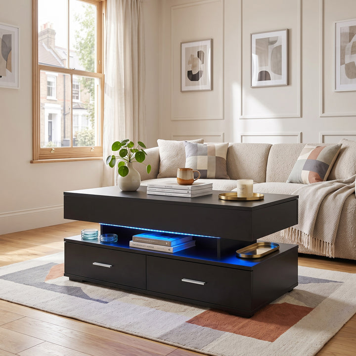 Black lift top coffee table with LED lights 2 drawers 100x50cm LINEN FLOOR