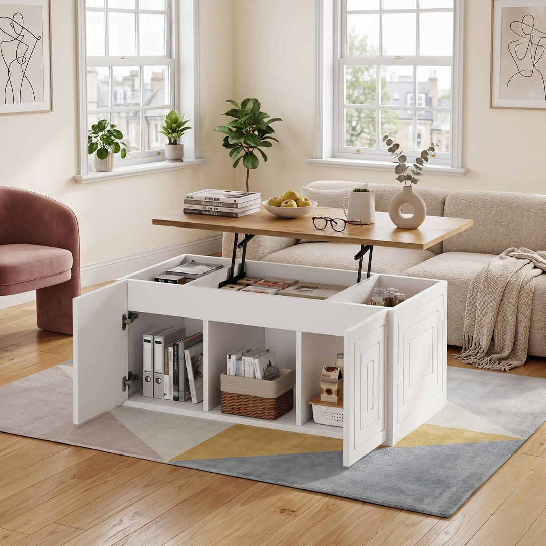 White &amp; natural wooden lift-top coffee table 95x46x45cm LUXURY SILK PRO