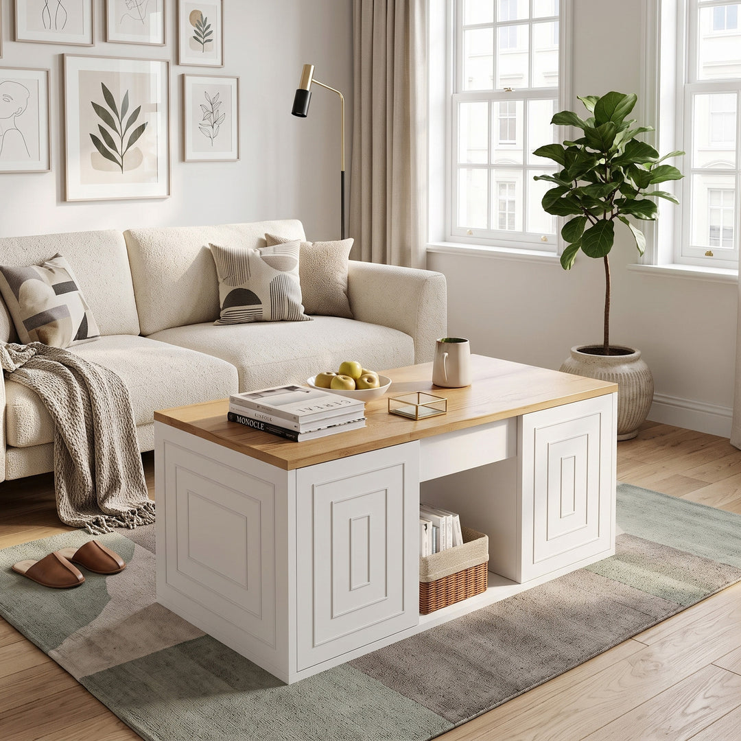White &amp; natural wooden lift-top coffee table 95x46x45cm LUXURY SILK PRO