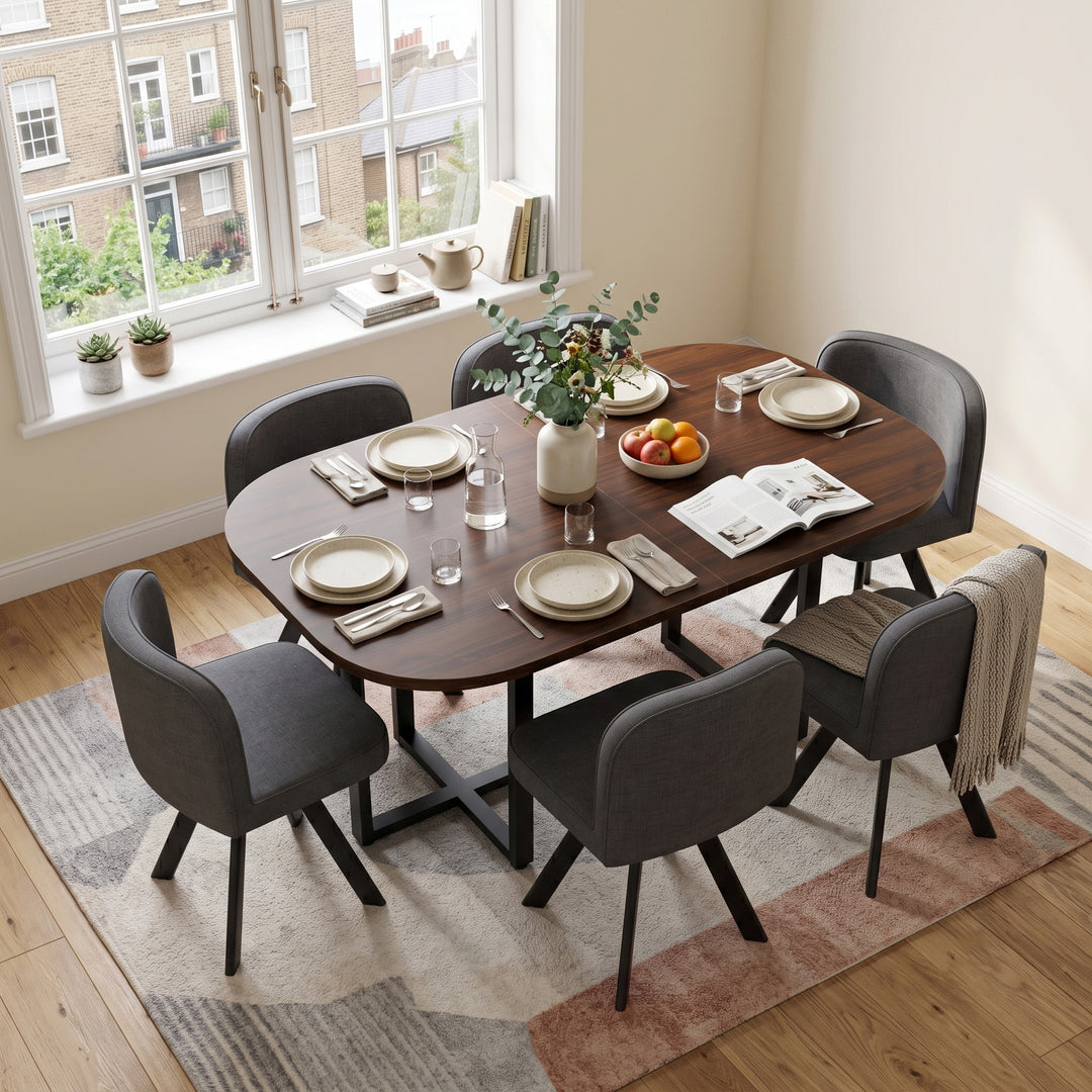 Set of 6 walnut dining table and grey chairs compact dining set LUXURY SOFA ART