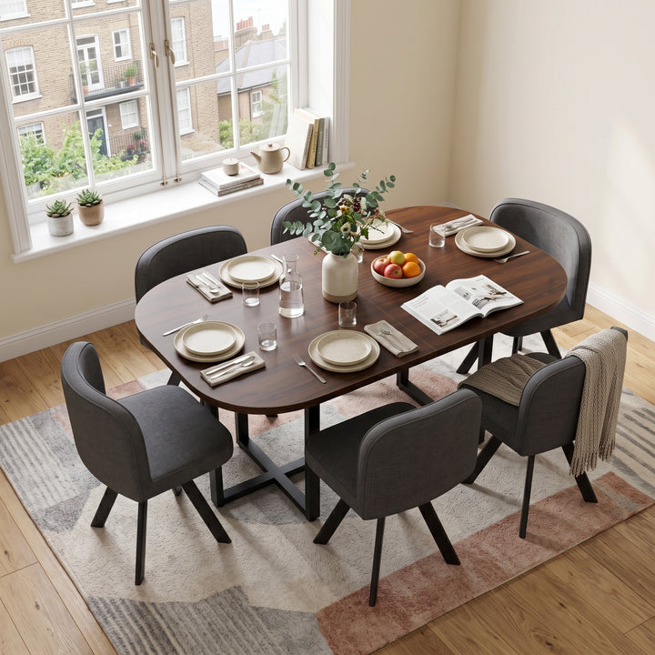 Set of 6 walnut dining table and grey chairs compact dining set LUXURY SOFA ART