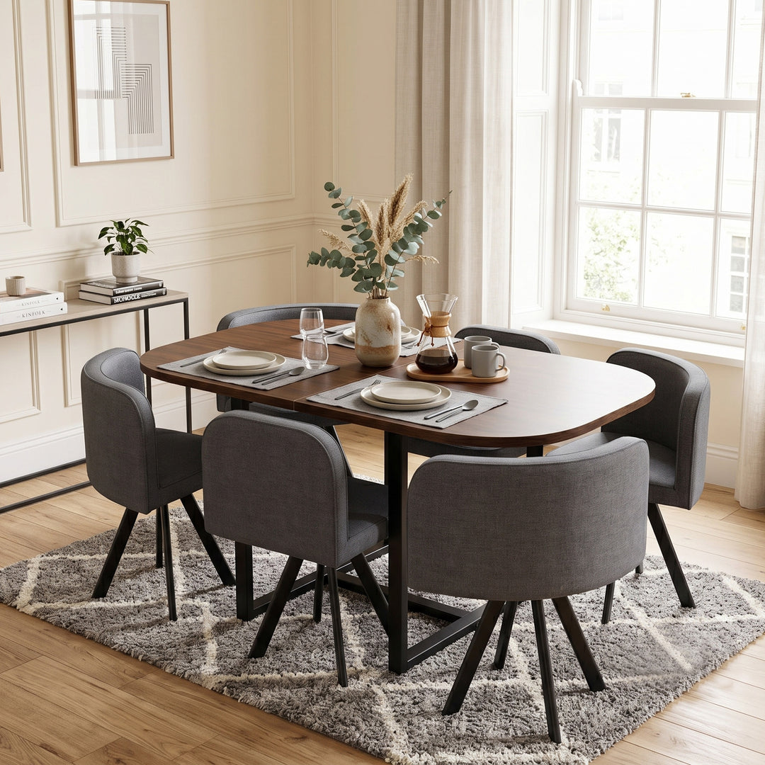 Set of 6 walnut dining table and grey chairs compact dining set LUXURY SOFA ART
