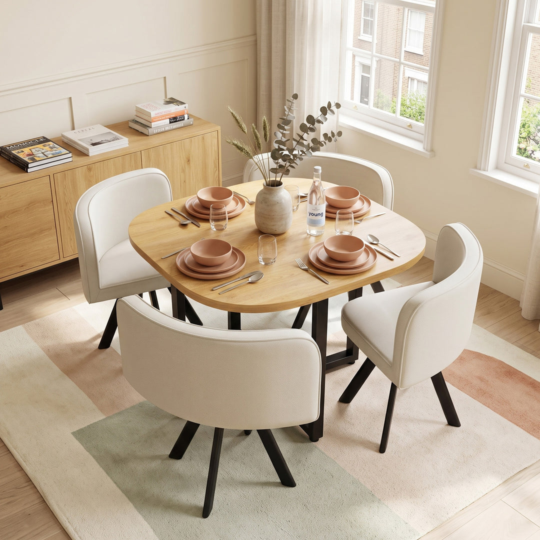 Set of 4 wooden dining table and beige chairs compact dining set LUXURY SOFA HOME