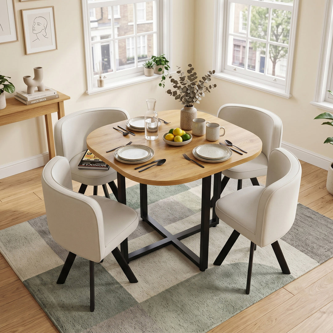 Set of 4 wooden dining table and beige chairs compact dining set LUXURY SOFA HOME