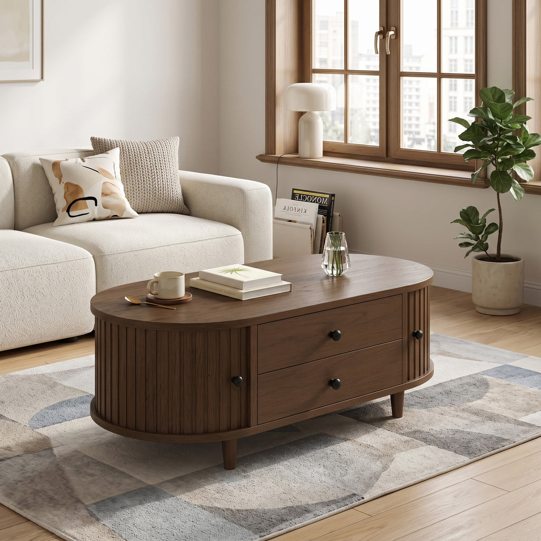 Vintage walnut oval coffee table with sliding doors 100x50x36cm LUXURY SOFA SET