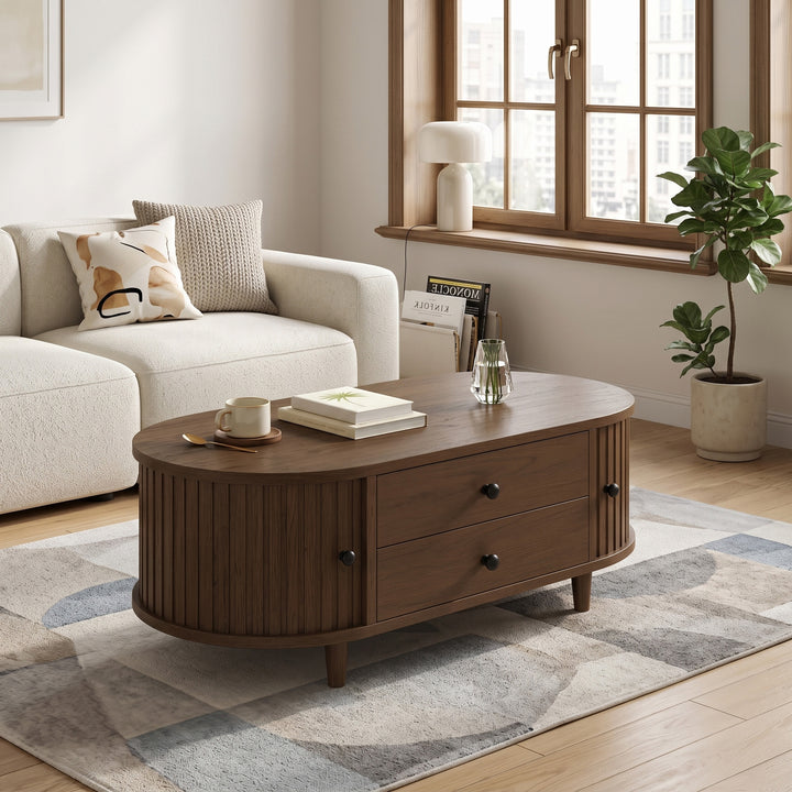 Vintage walnut oval coffee table with sliding doors 100x50x36cm LUXURY SOFA SET