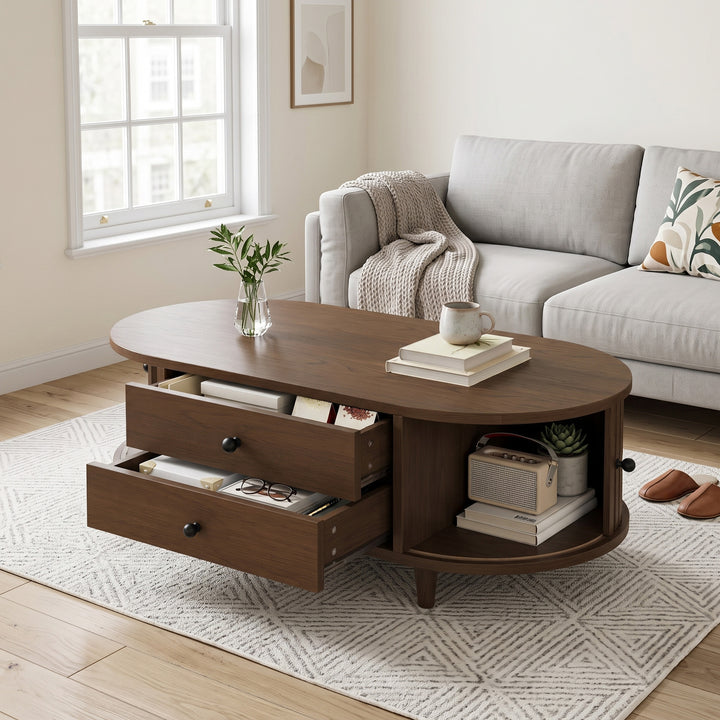 Vintage walnut oval coffee table with sliding doors 100x50x36cm LUXURY SOFA SET