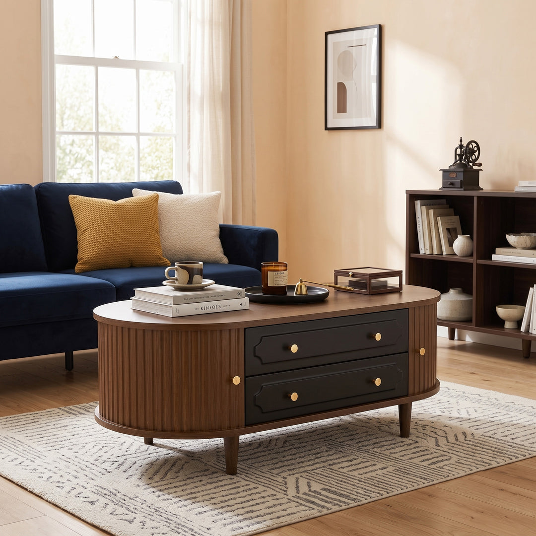 Vintage walunut oval coffee table 2 sliding doors and 2 black drawers 100x50x36cm LUXURY STONE ELITE