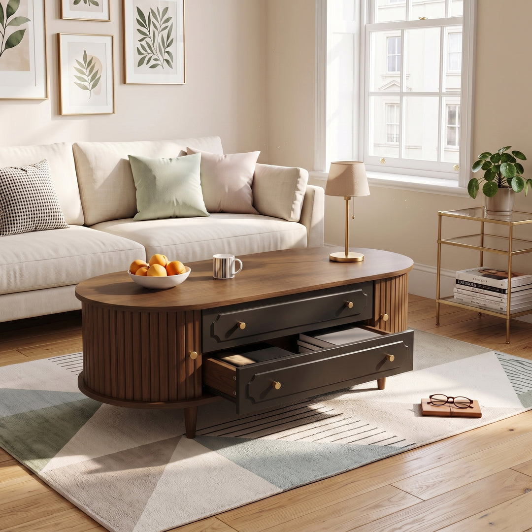 Vintage walunut oval coffee table 2 sliding doors and 2 black drawers 100x50x36cm LUXURY STONE ELITE
