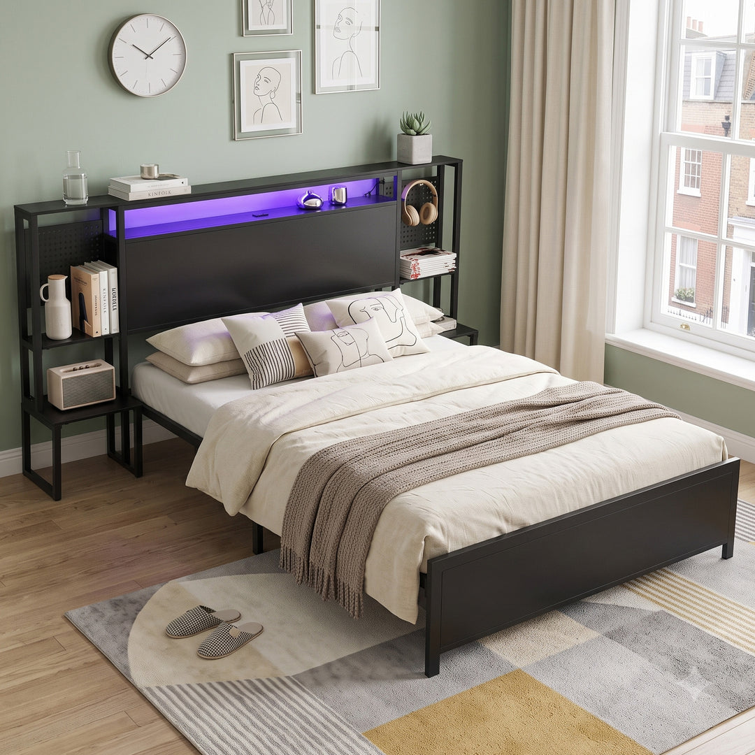 Black double metal bed frame with LED lights, storage shelves and charging ports 135x190cm LUXURY STOOL SET