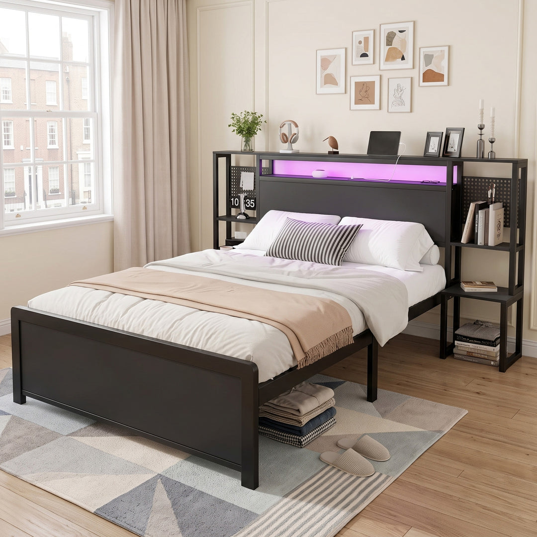 Black double metal bed frame with LED lights, storage shelves and charging ports 135x190cm LUXURY STOOL SET