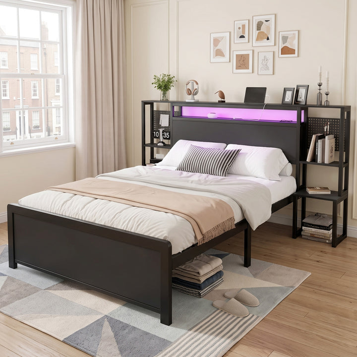 Black double metal bed frame with LED lights, storage shelves and charging ports 135x190cm LUXURY STOOL SET