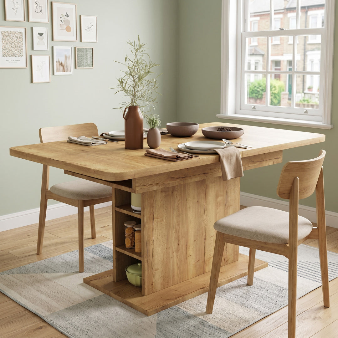 Extendable oak-look dining table with storage 110-130x70cm LUXURY STYLE