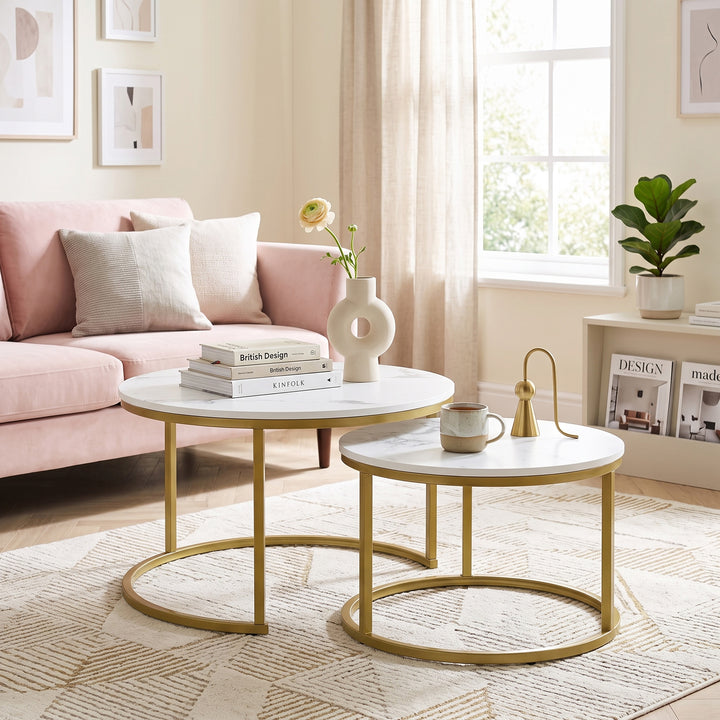 Set of 2 round nesting coffee tables with white marble-look top, golden accent LUXURY TABLE SET