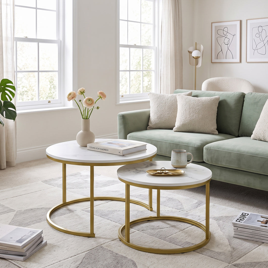 Set of 2 round nesting coffee tables with white marble-look top, golden accent LUXURY TABLE SET