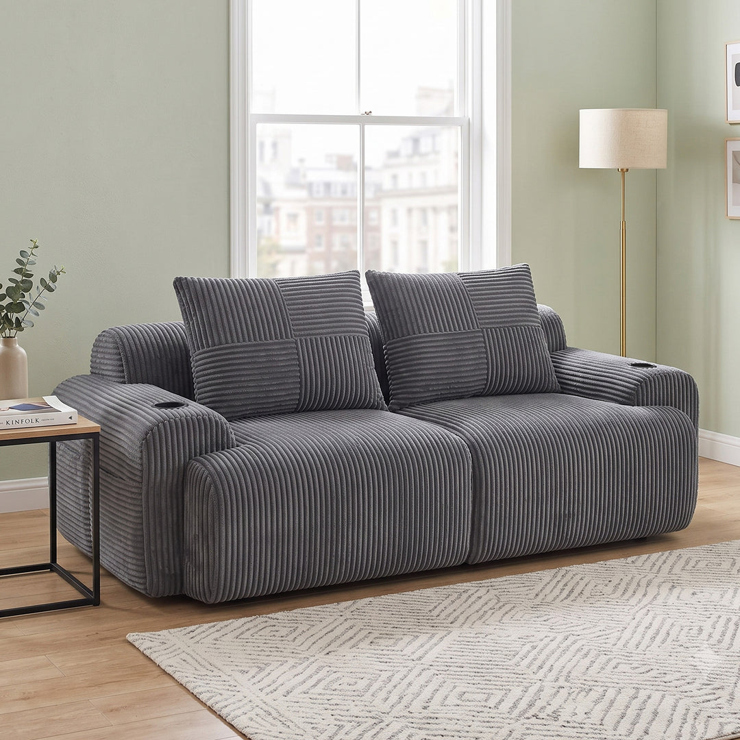 Dark grey corduroy 2-seater loveseat with cupholders and cushions LUXURY THROW SET