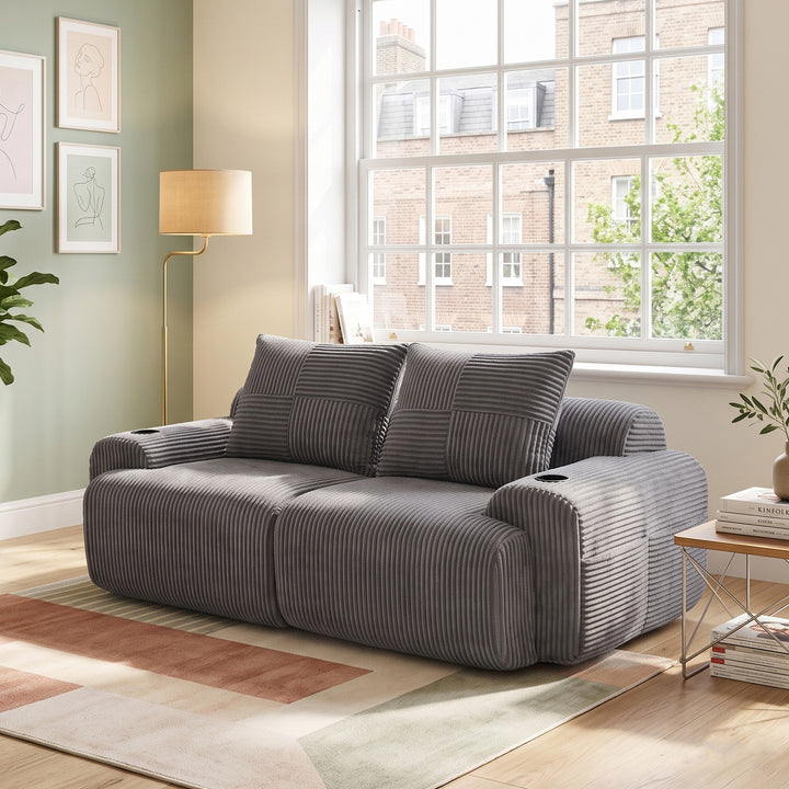 Dark grey corduroy 2-seater loveseat with cupholders and cushions LUXURY THROW SET