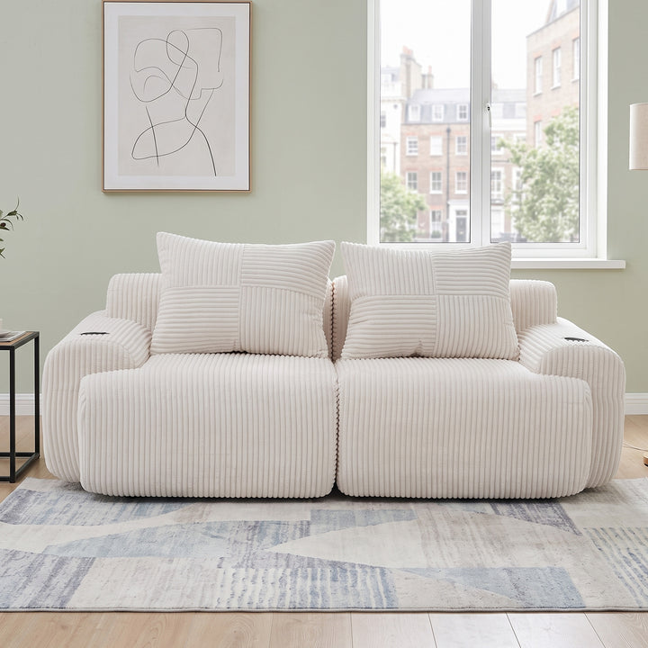 Beige corduroy 2-seater loveseat with cupholders and cushions LUXURY TRAY SET