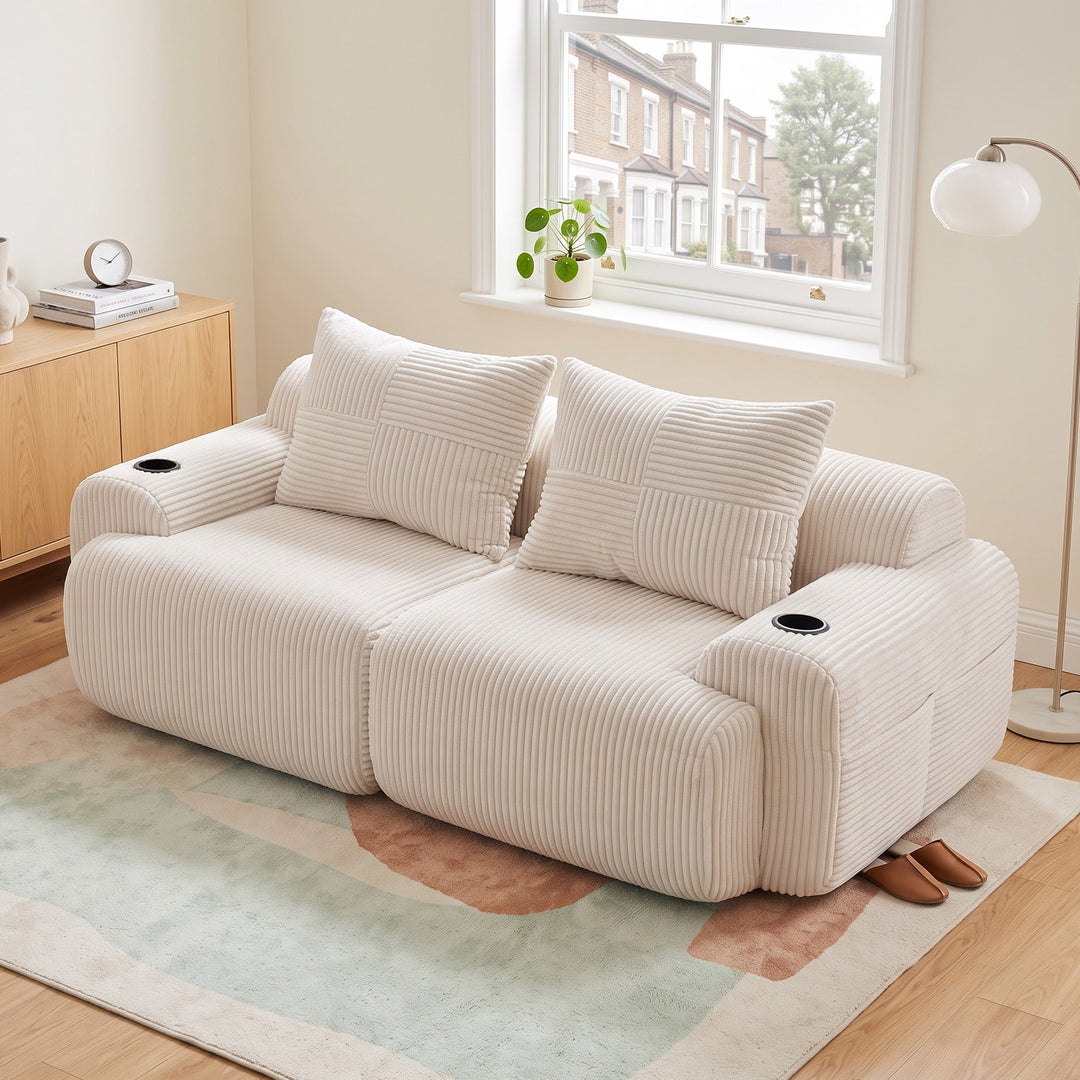 Beige corduroy 2-seater loveseat with cupholders and cushions LUXURY TRAY SET