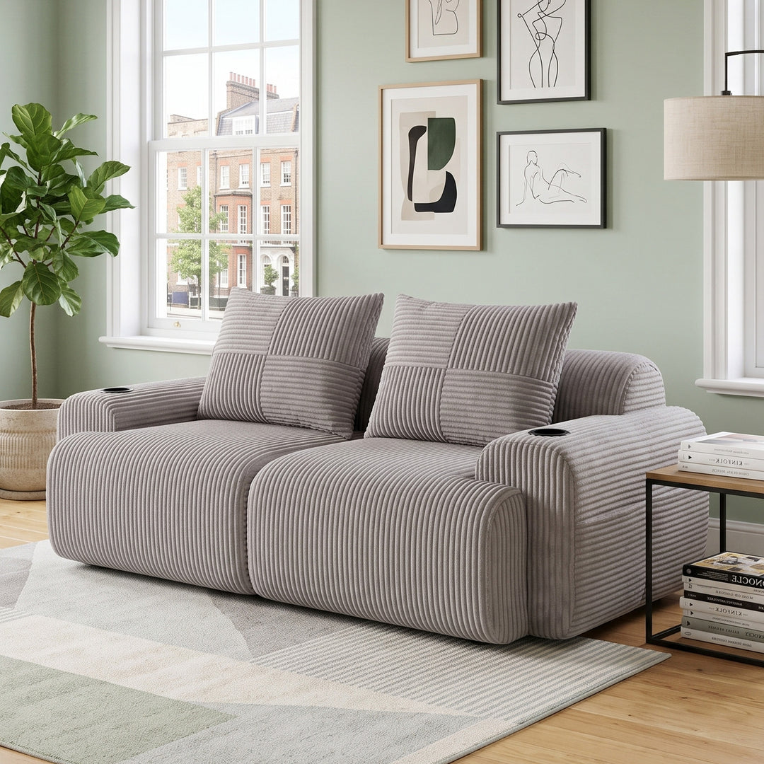 Grey corduroy 2-seater loveseat with cupholders and cushions LUXURY TRUNK SET