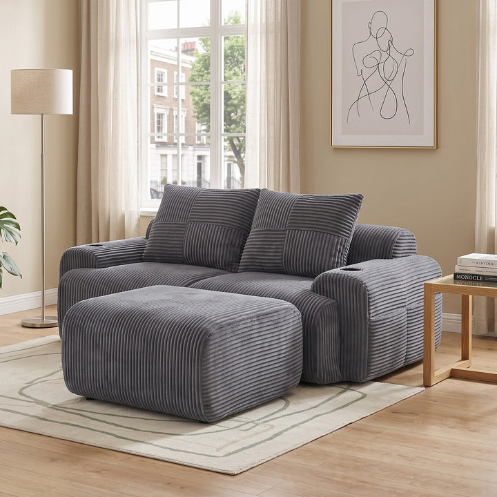 Modular 2-seater corduroy dark grey with ottoman sofa set LUXURY VASE ART