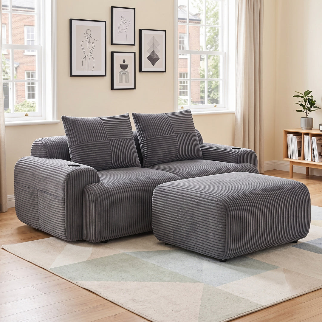 Modular 2-seater corduroy dark grey with ottoman sofa set LUXURY VASE ART