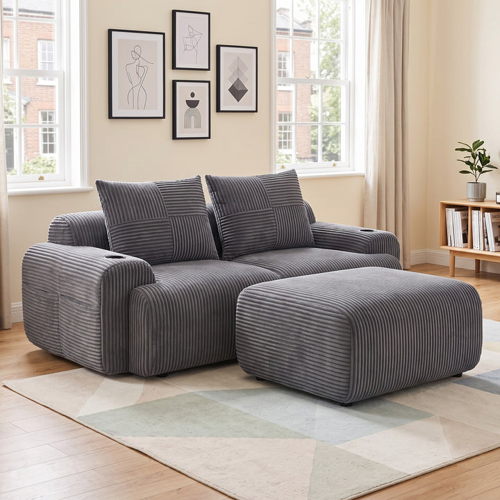 Modular 2-seater corduroy dark grey with ottoman sofa set LUXURY VASE ART