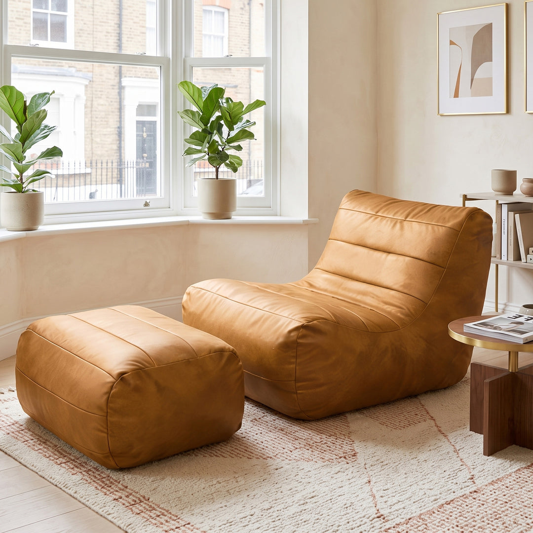 Contemporary cognac leather-look sofa lounge set (chaise & ottoman) LUXURY WALL ART