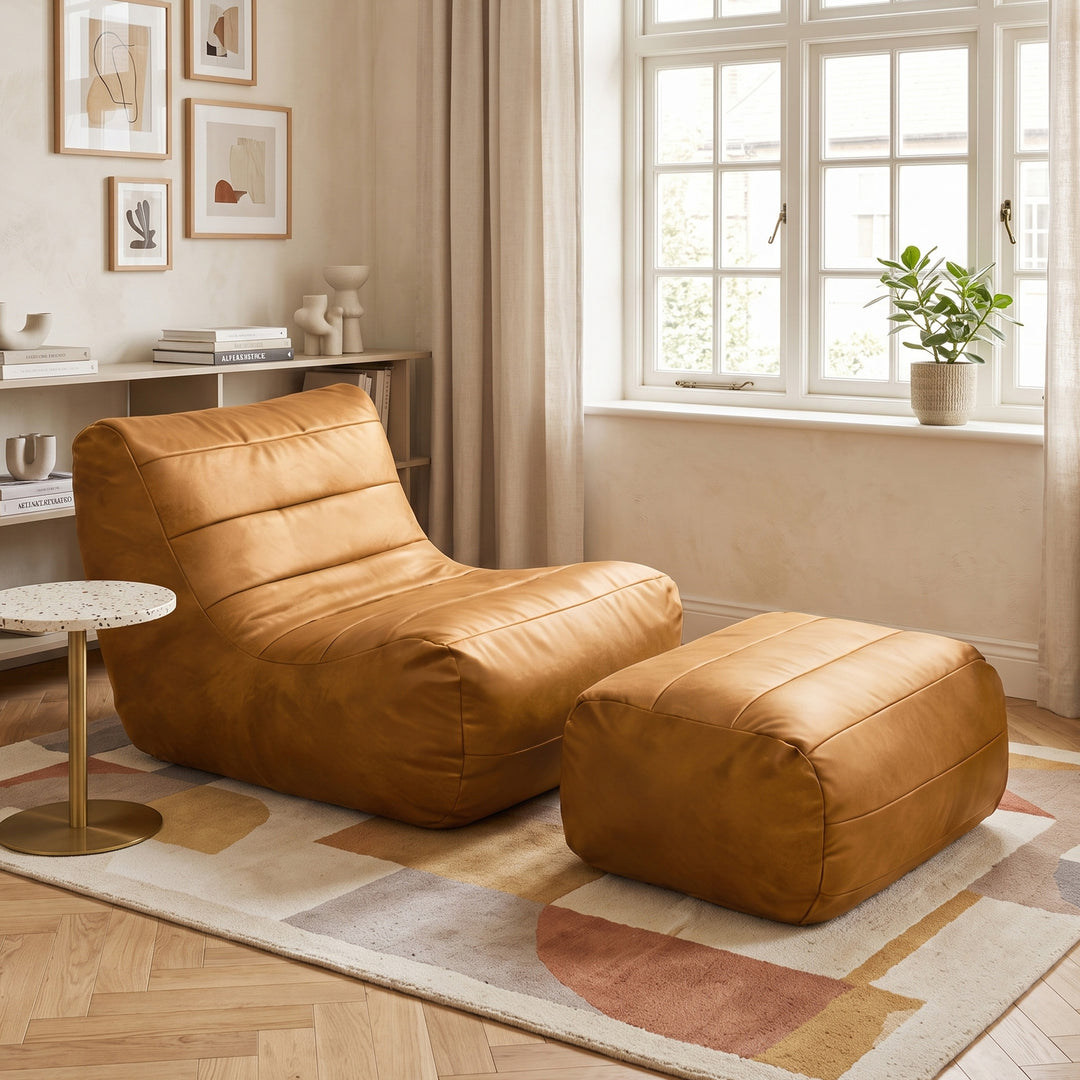 Contemporary cognac leather-look sofa lounge set (chaise & ottoman) LUXURY WALL ART