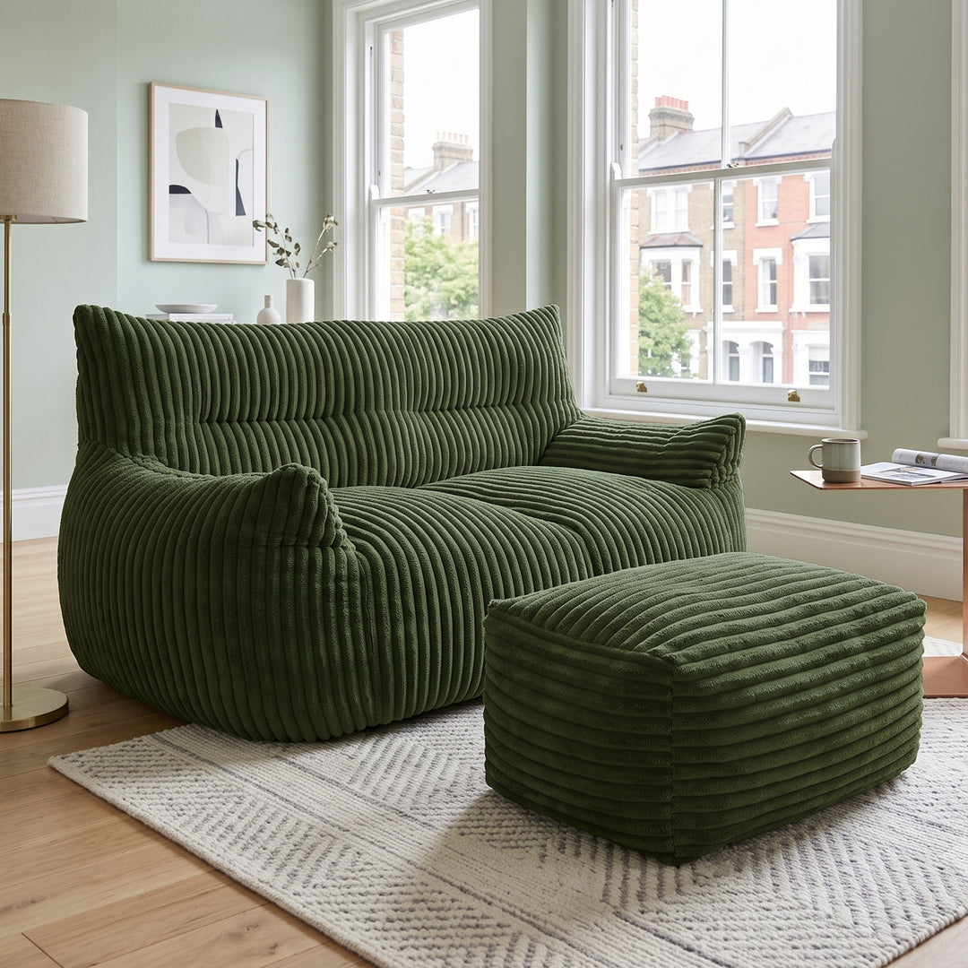 2-Seater corduroy green lazy sofa with ottoman LUXURY WARDROBE ART