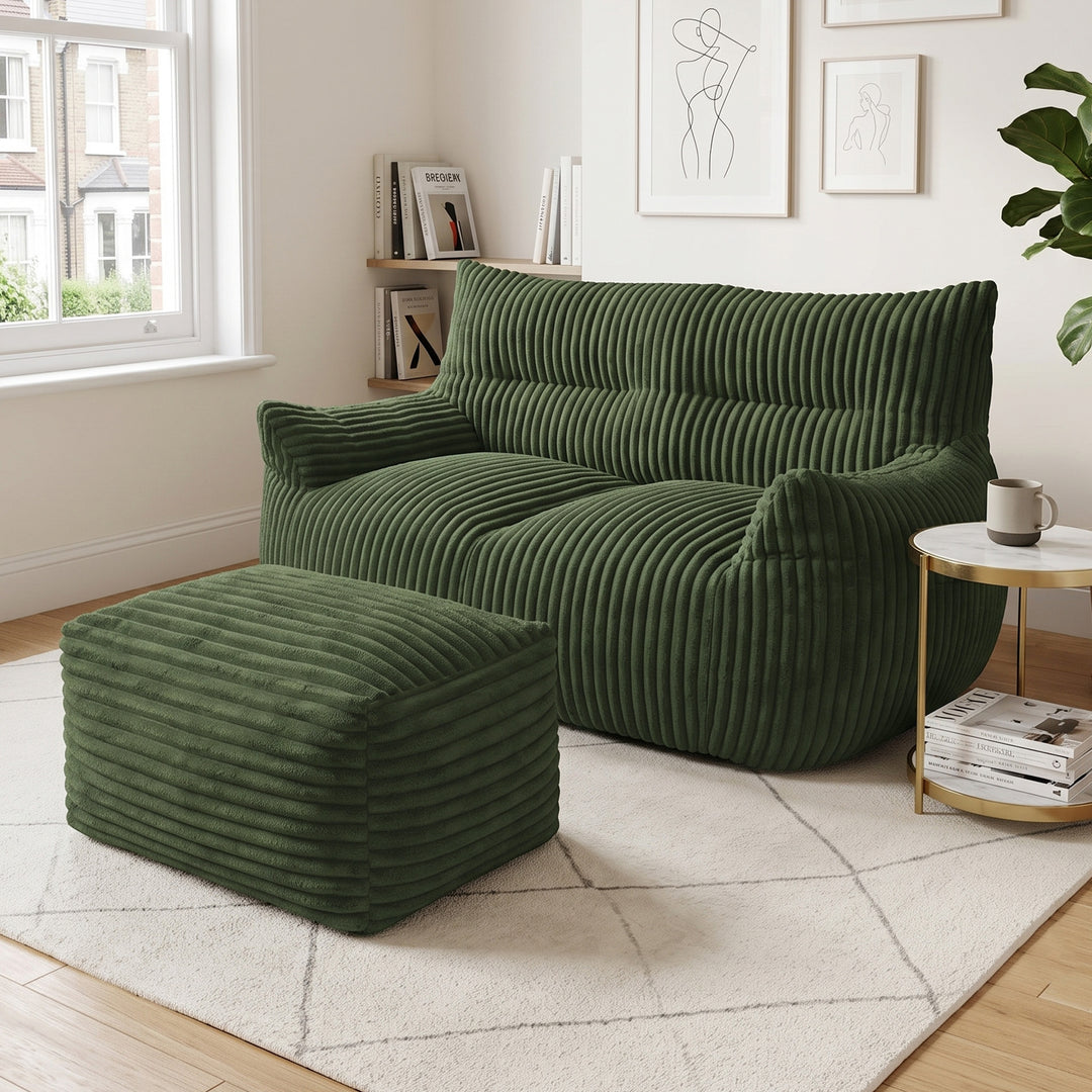 2-Seater corduroy green lazy sofa with ottoman LUXURY WARDROBE ART