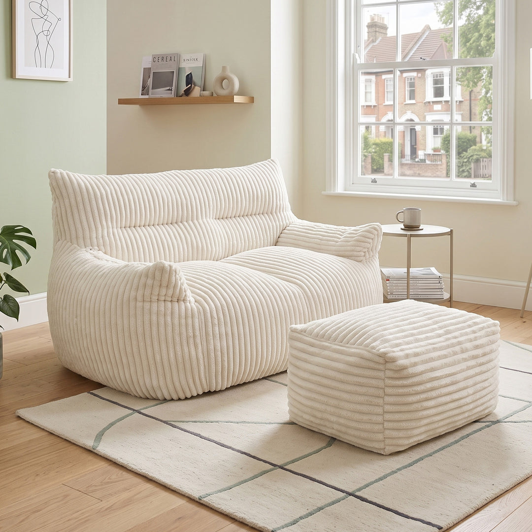 2-seater corduroy white lazy sofa with ottoman LUXURY WOOL LINE