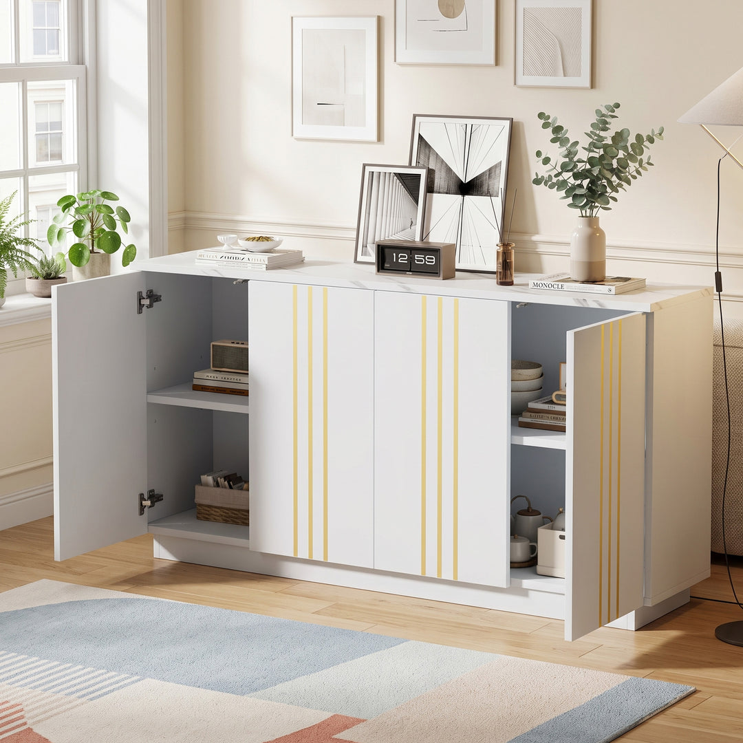 White sideboard with golden stripe 4 doors 140x35x70cm MAPLE ELITE