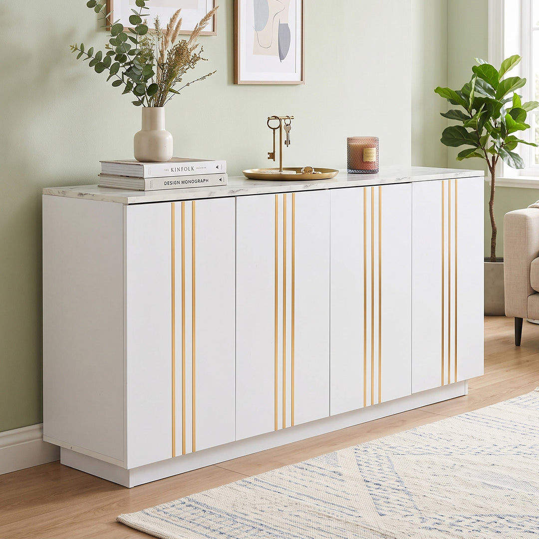 White sideboard with golden stripe 4 doors 140x35x70cm MAPLE ELITE